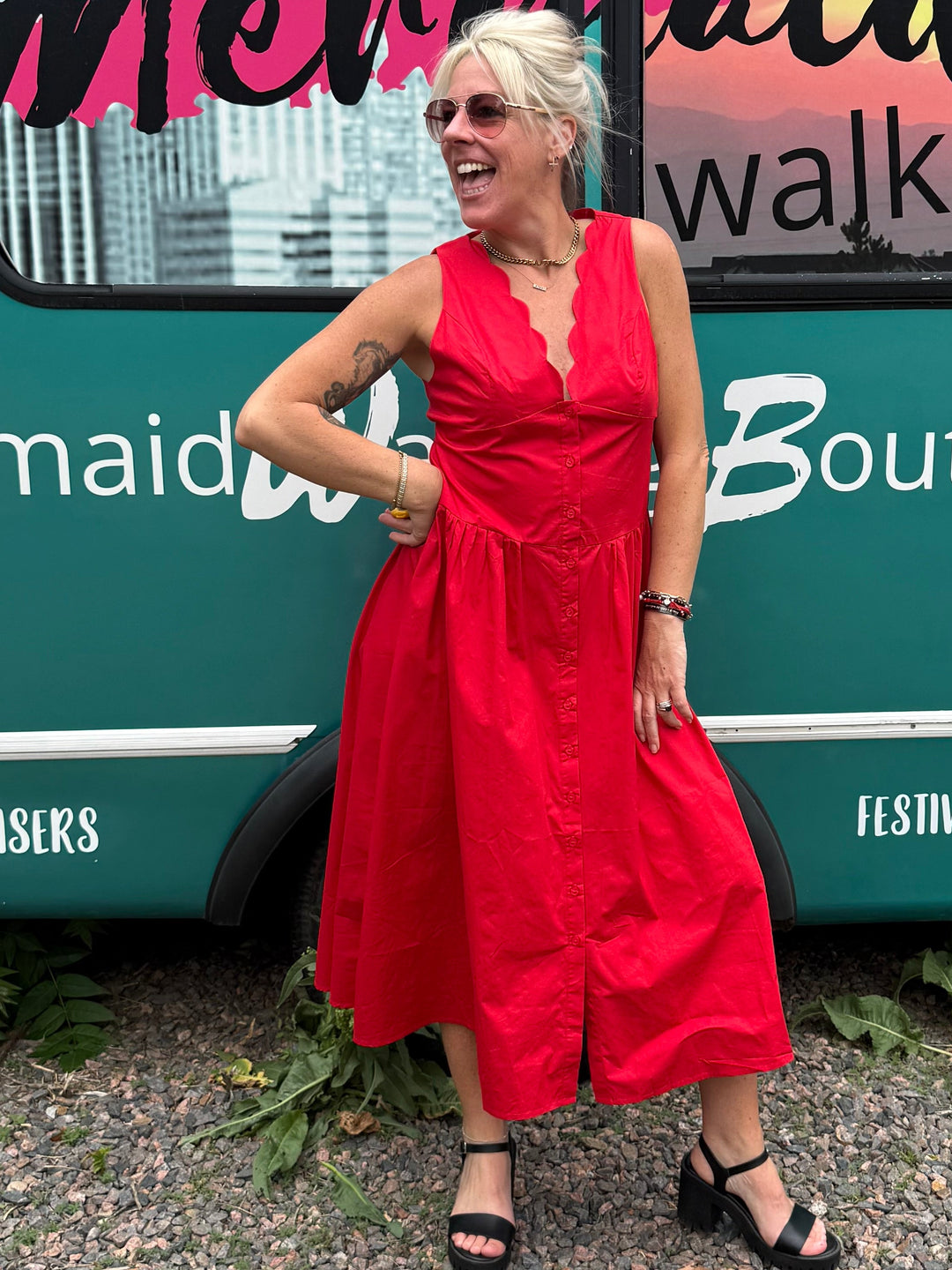 Scallop Midi Dress in Red
