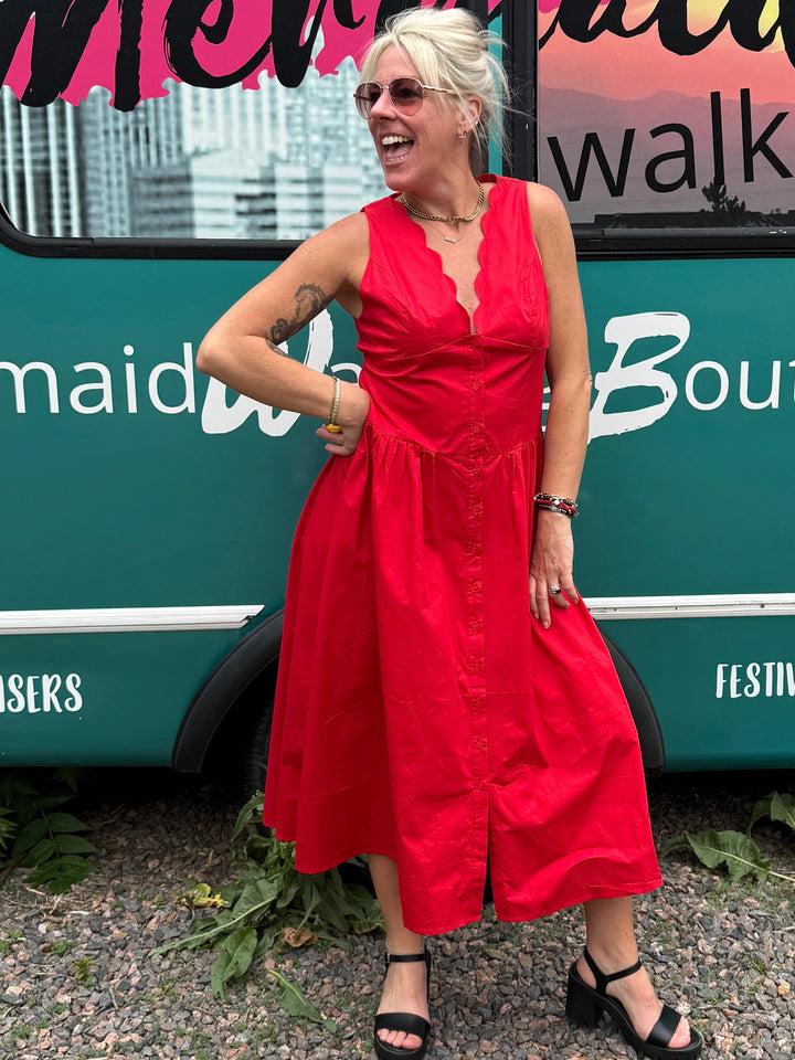 Scallop Midi Dress in Red