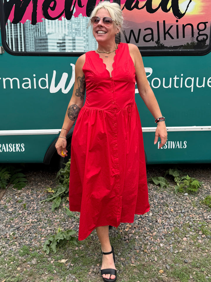 Scallop Midi Dress in Red