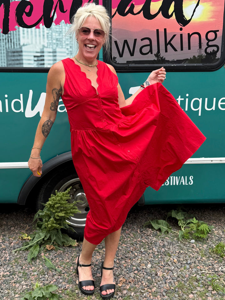 Scallop Midi Dress in Red