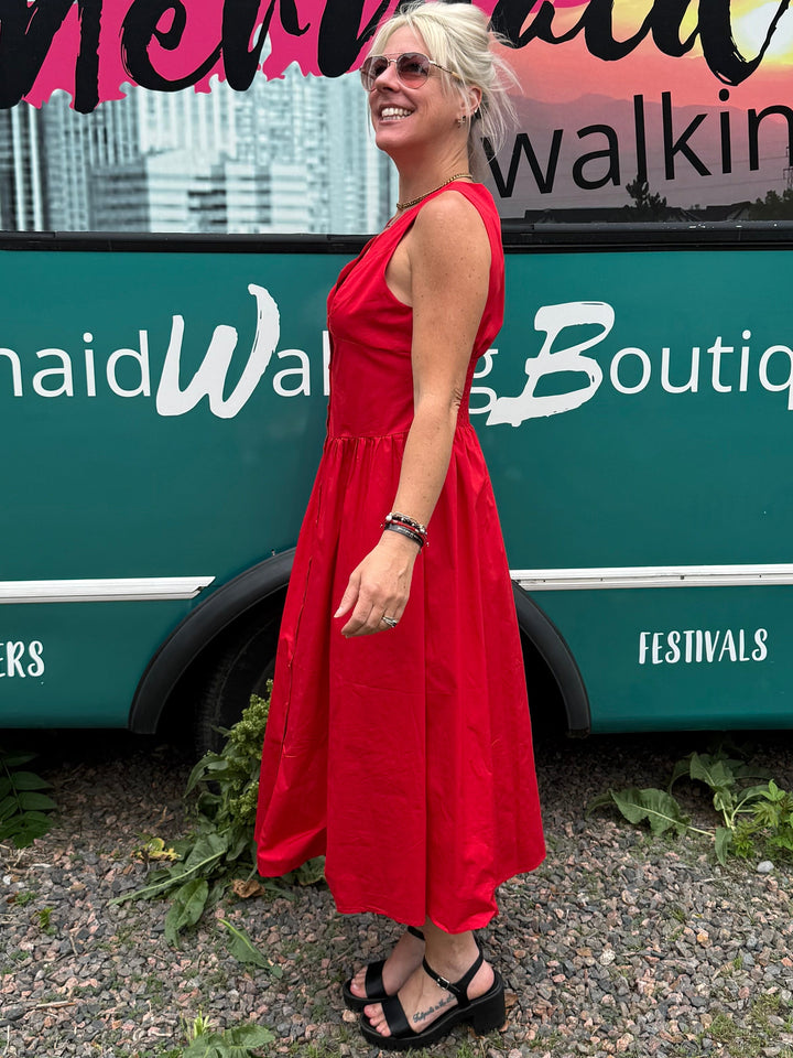 Scallop Midi Dress in Red