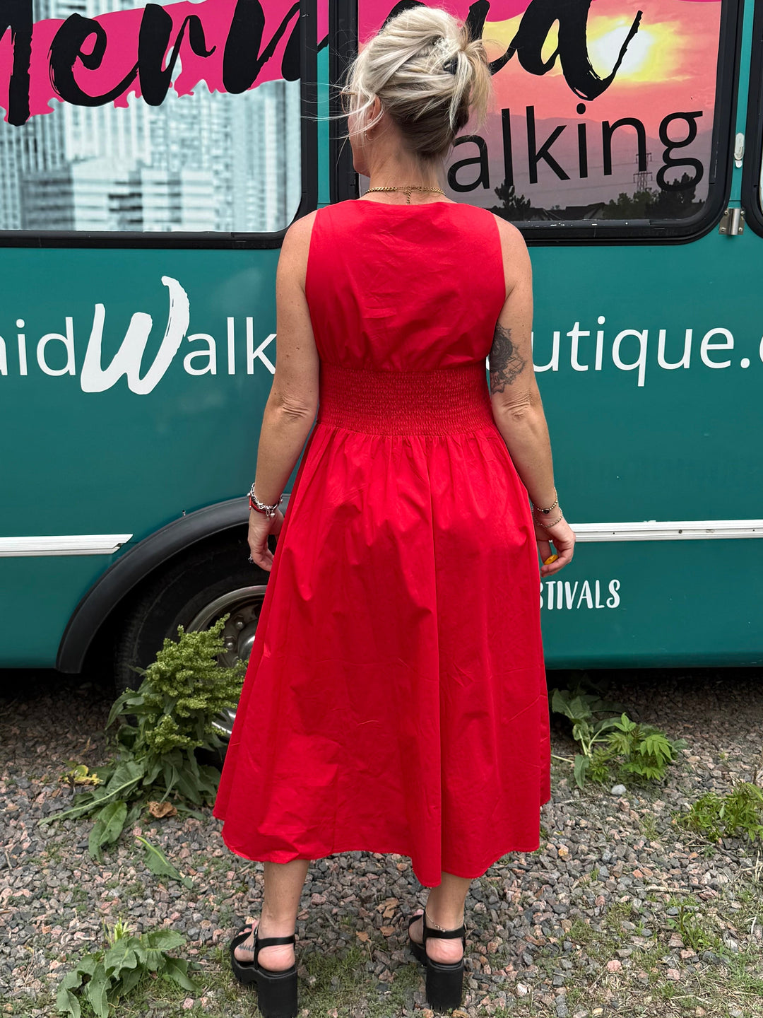 Scallop Midi Dress in Red