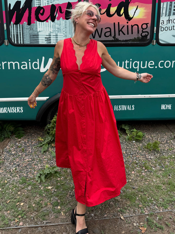 Scallop Midi Dress in Red