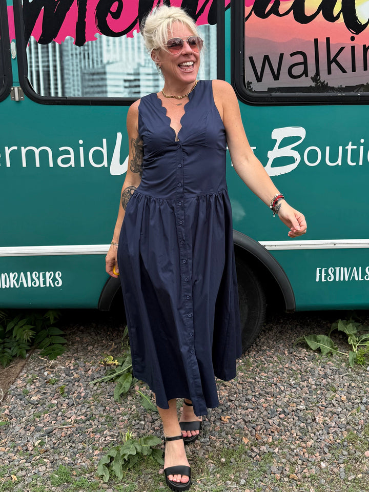 Scallop Midi Dress in Navy