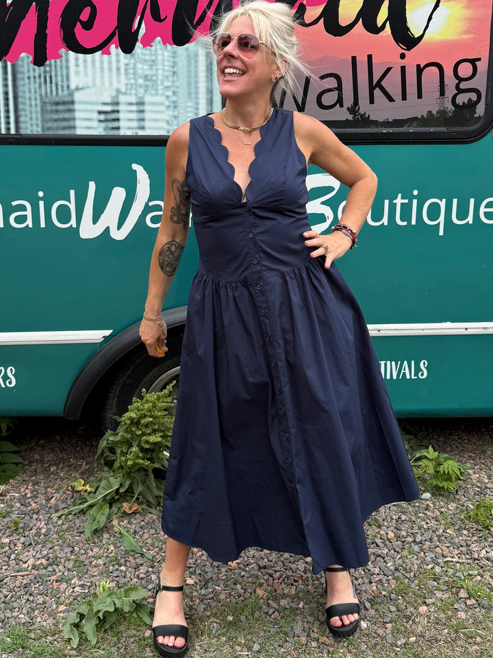 Scallop Midi Dress in Navy