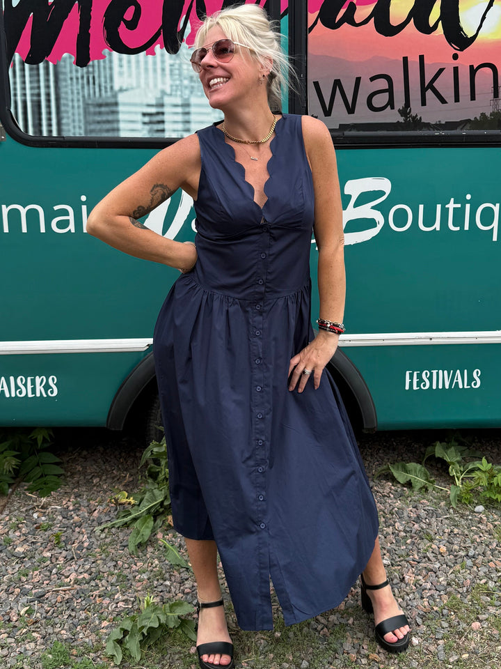 Scallop Midi Dress in Navy
