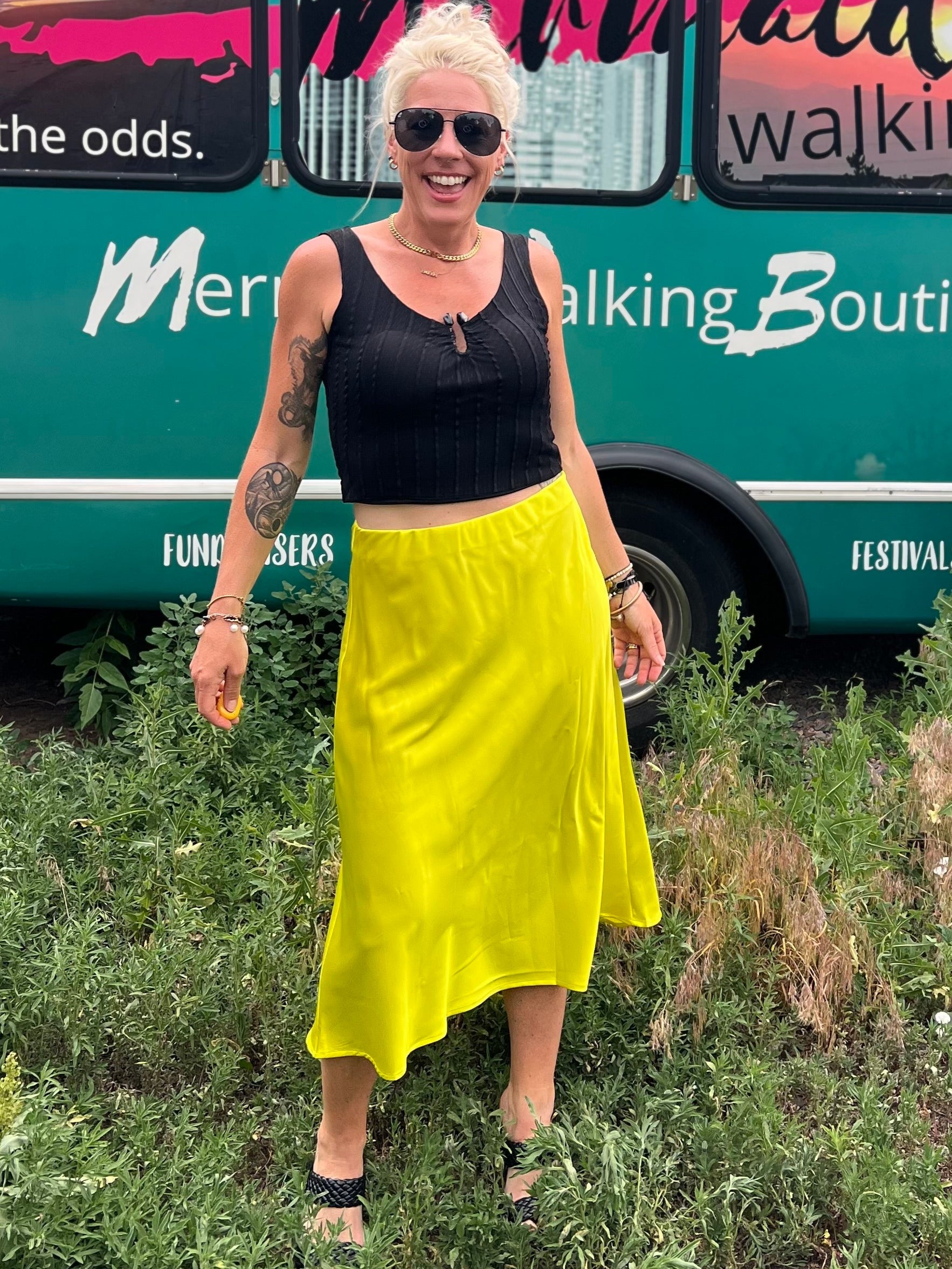 Chartreuse Satin Midi Skirt