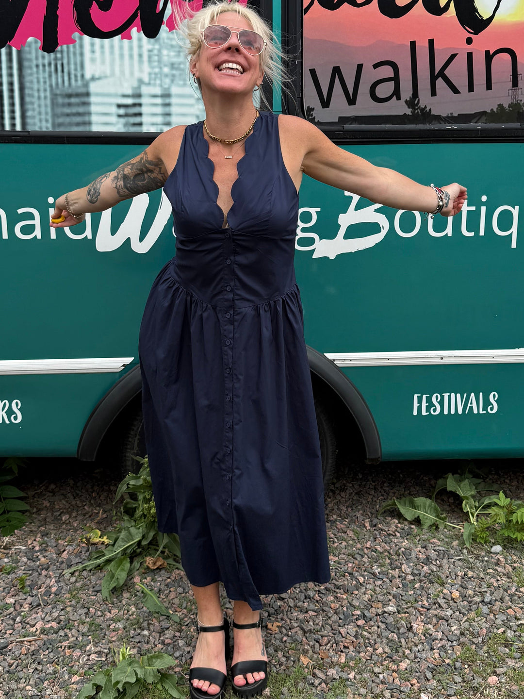 Scallop Midi Dress in Navy