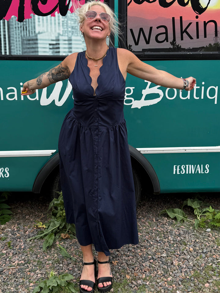 Scallop Midi Dress in Navy