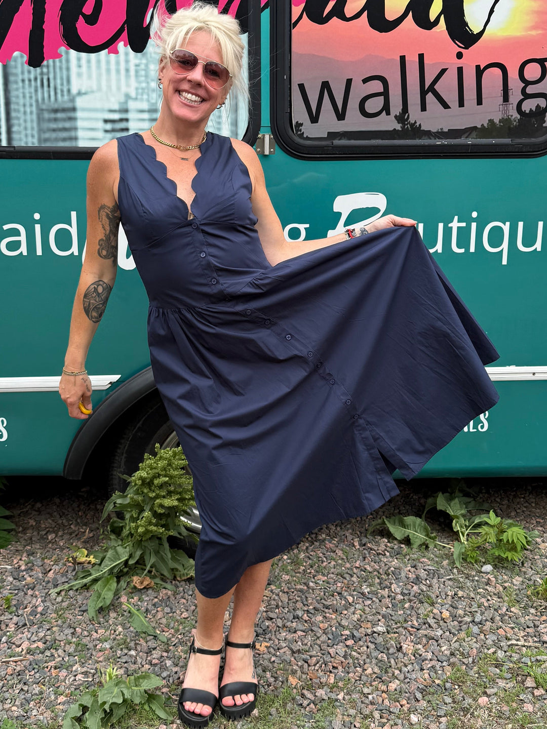 Scallop Midi Dress in Navy
