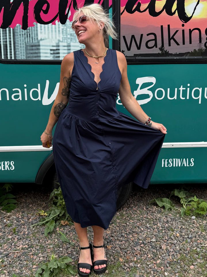 Scallop Midi Dress in Navy