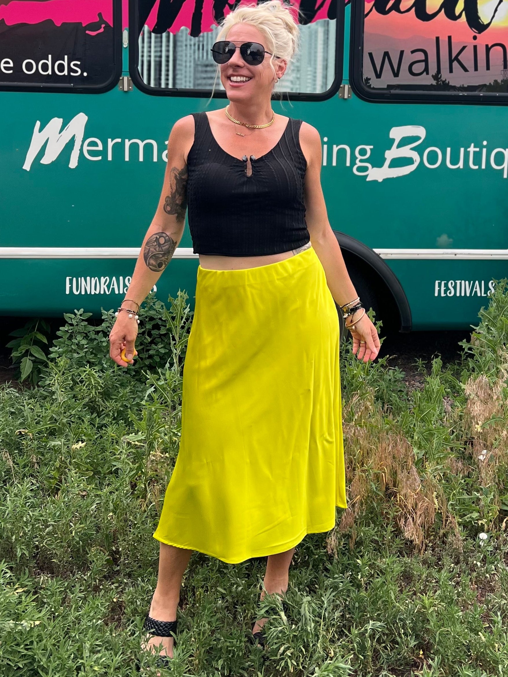 Chartreuse Satin Midi Skirt