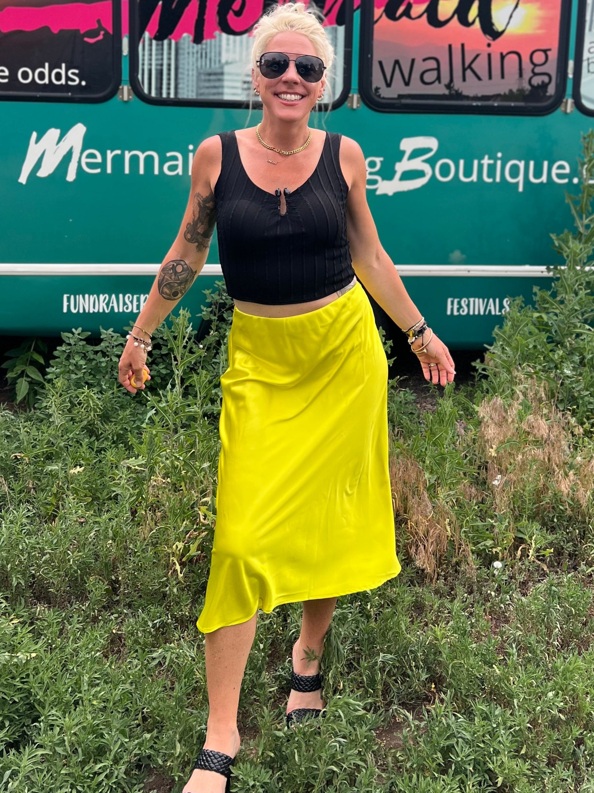 Chartreuse Satin Midi Skirt