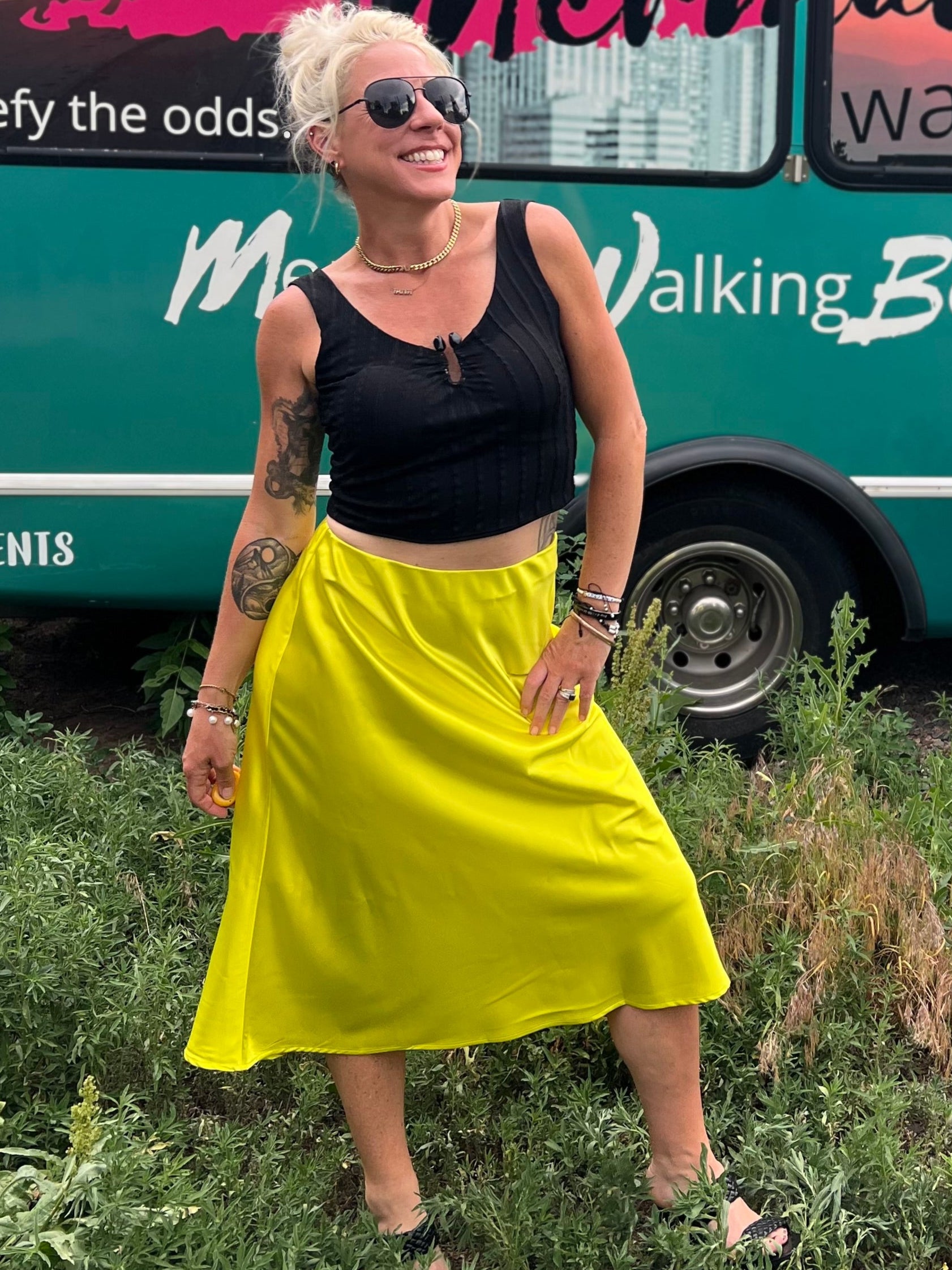 Chartreuse Satin Midi Skirt