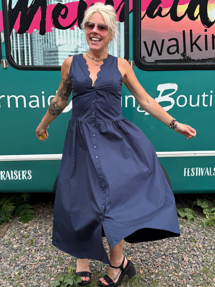 Scallop Midi Dress in Navy