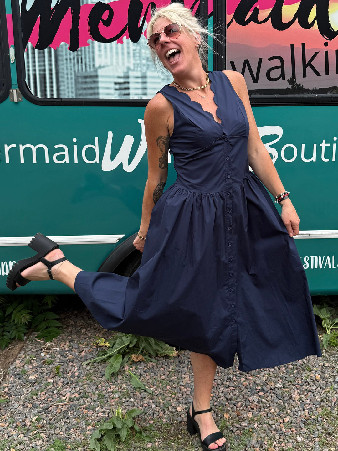 Scallop Midi Dress in Navy