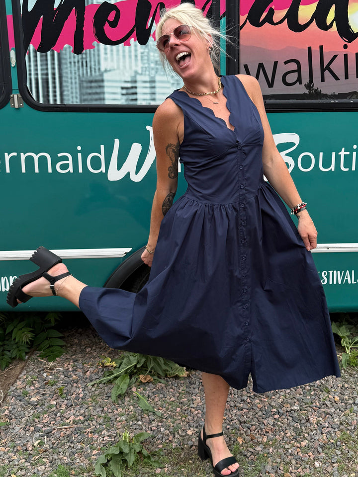 Scallop Midi Dress in Navy