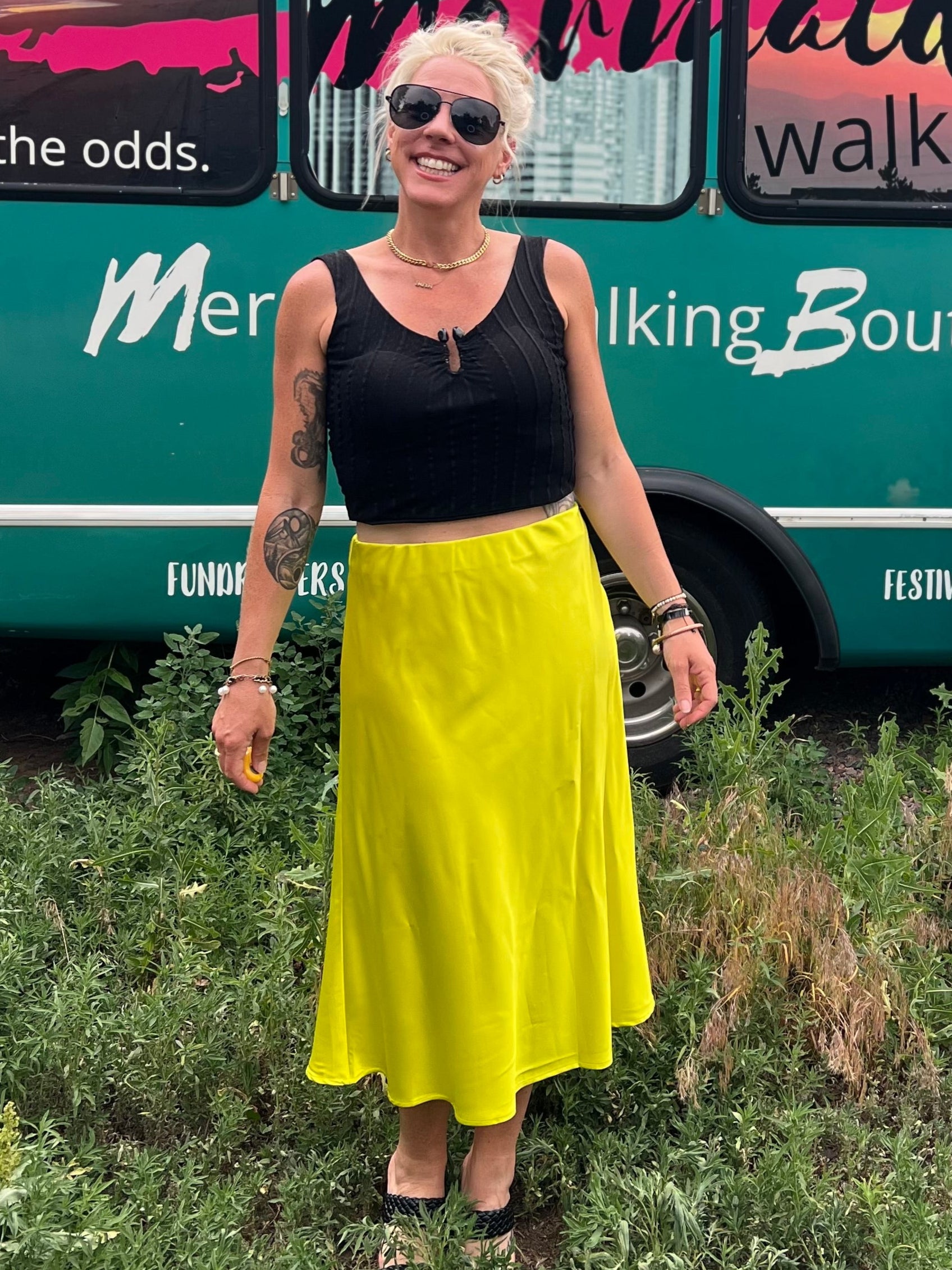 Chartreuse Satin Midi Skirt