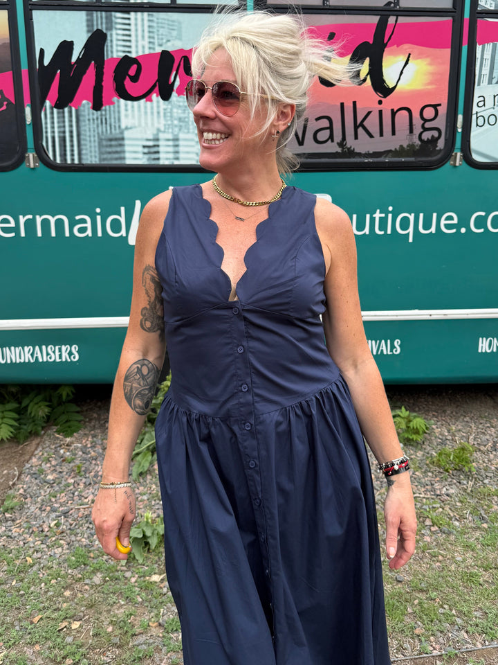 Scallop Midi Dress in Navy