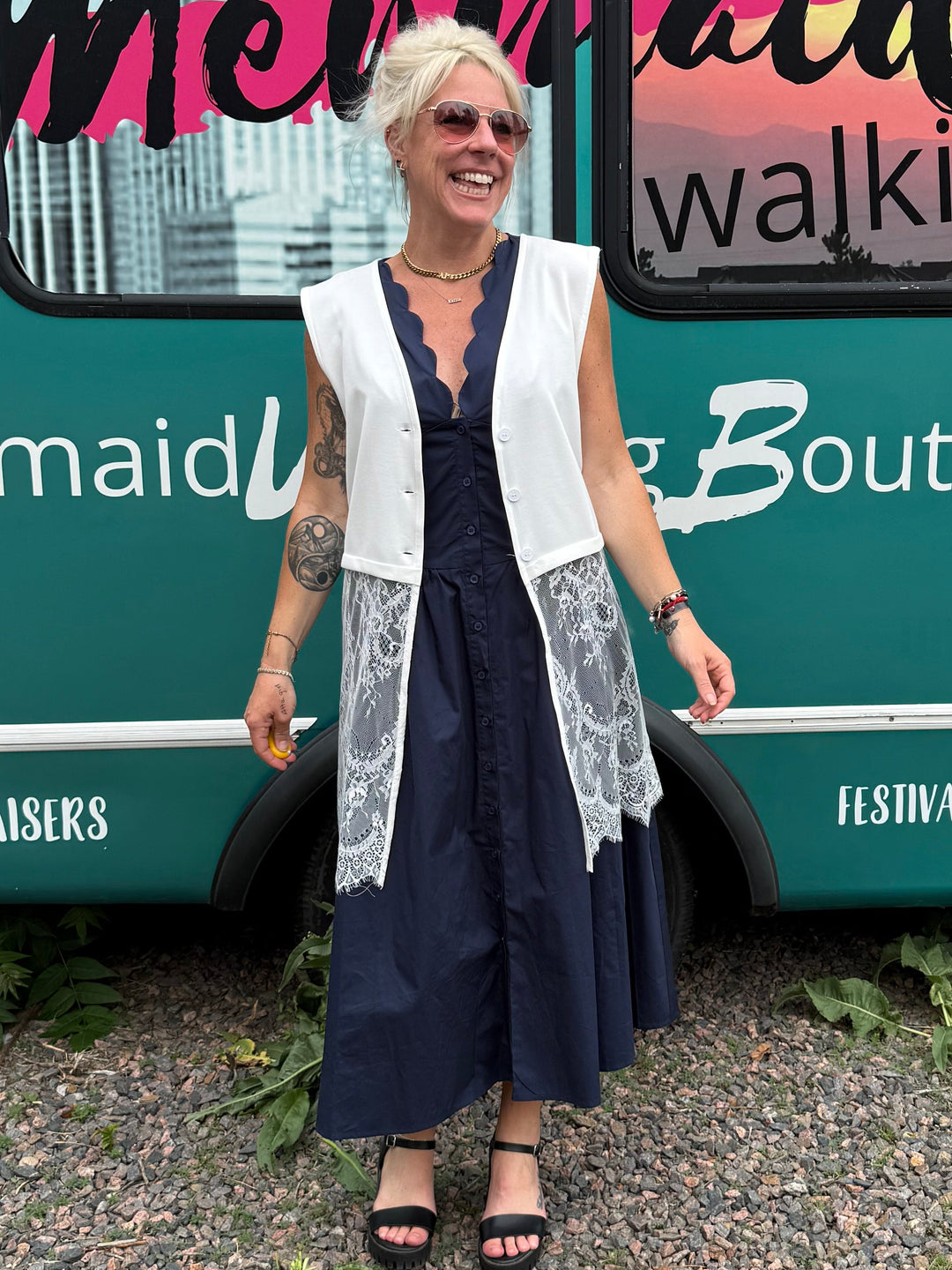 Scallop Midi Dress in Navy