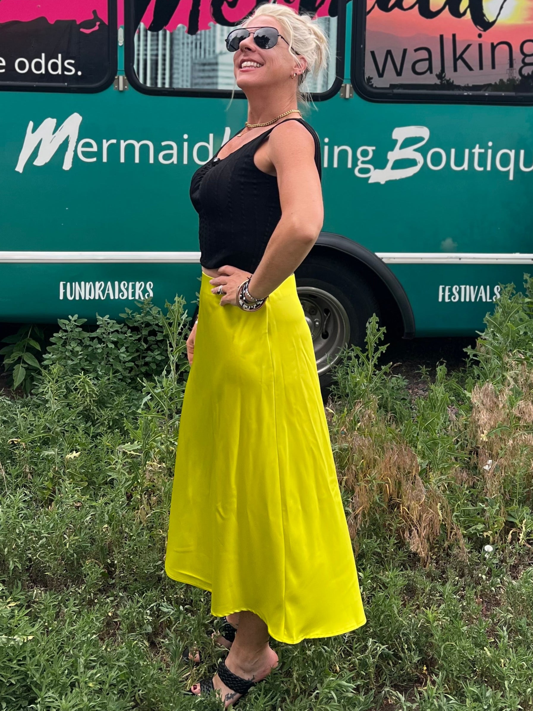 Chartreuse Satin Midi Skirt