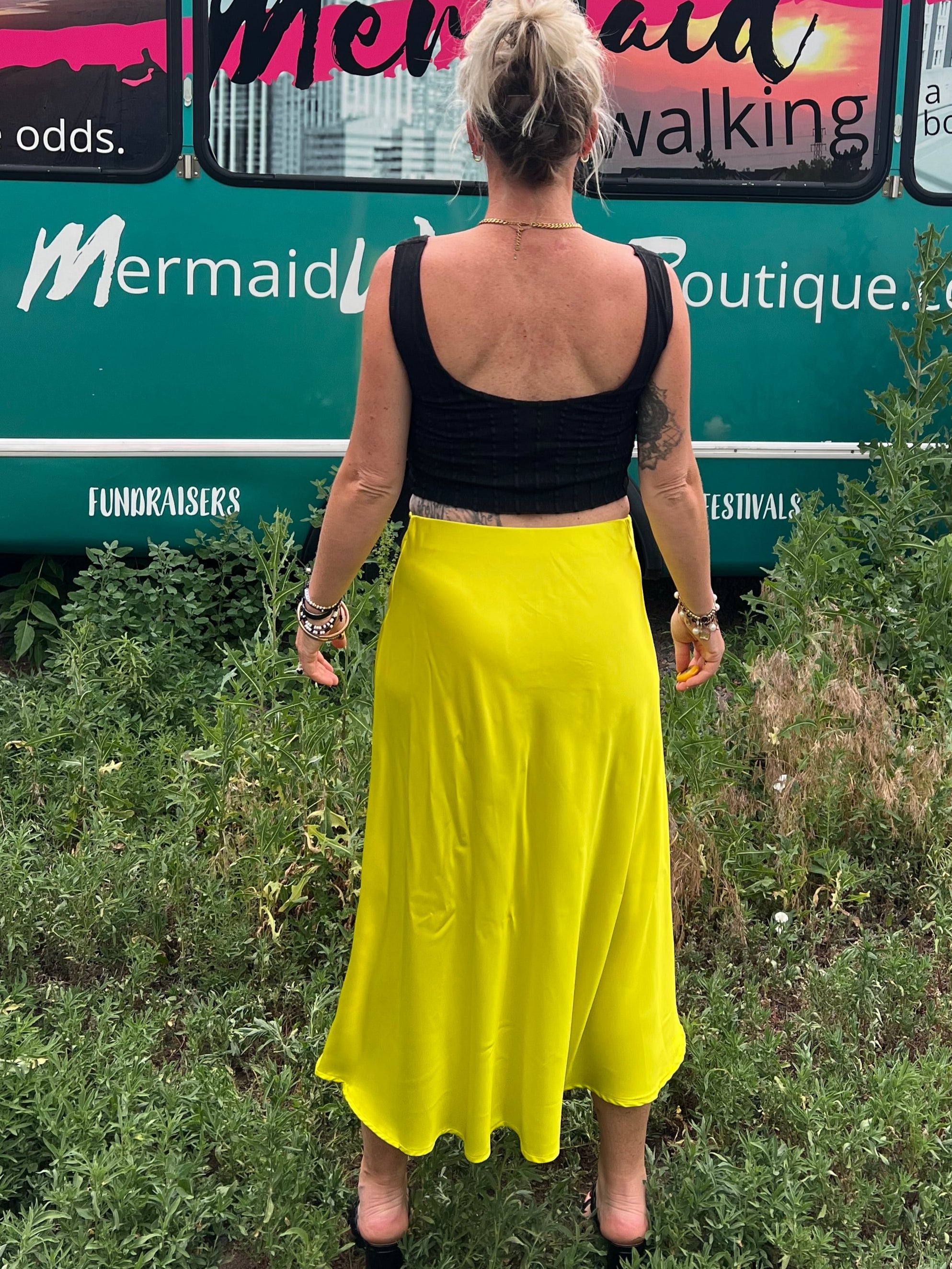 Chartreuse Satin Midi Skirt