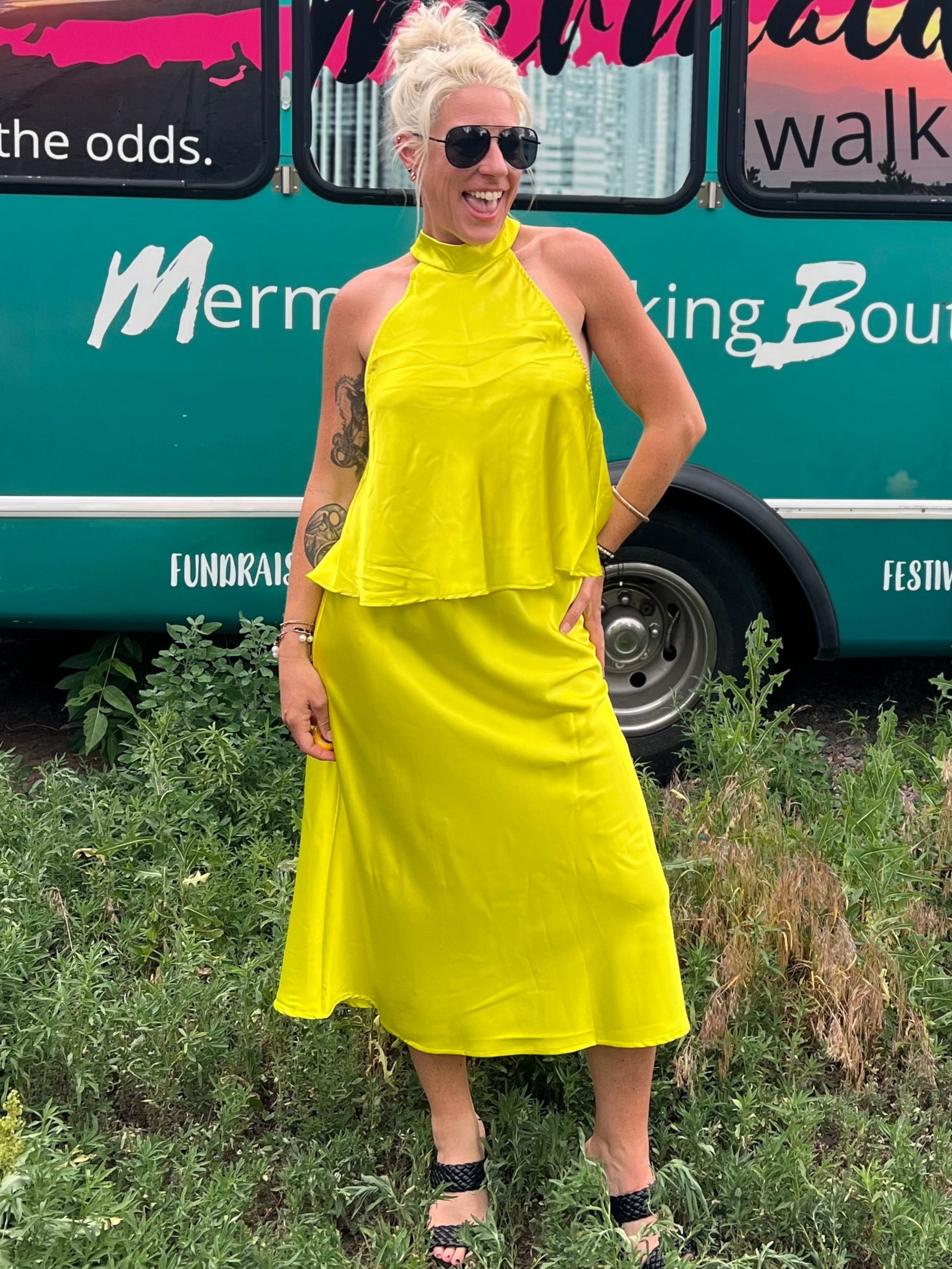 Chartreuse Satin Midi Skirt