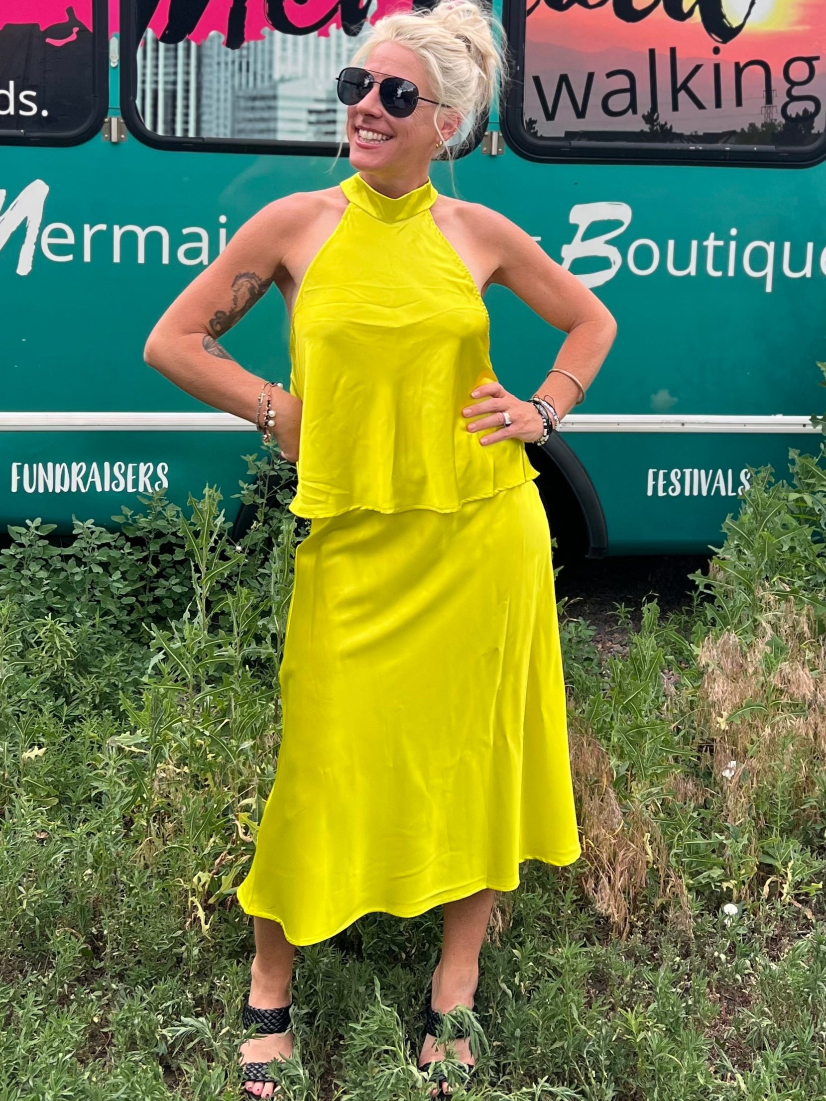 Chartreuse Satin Midi Skirt