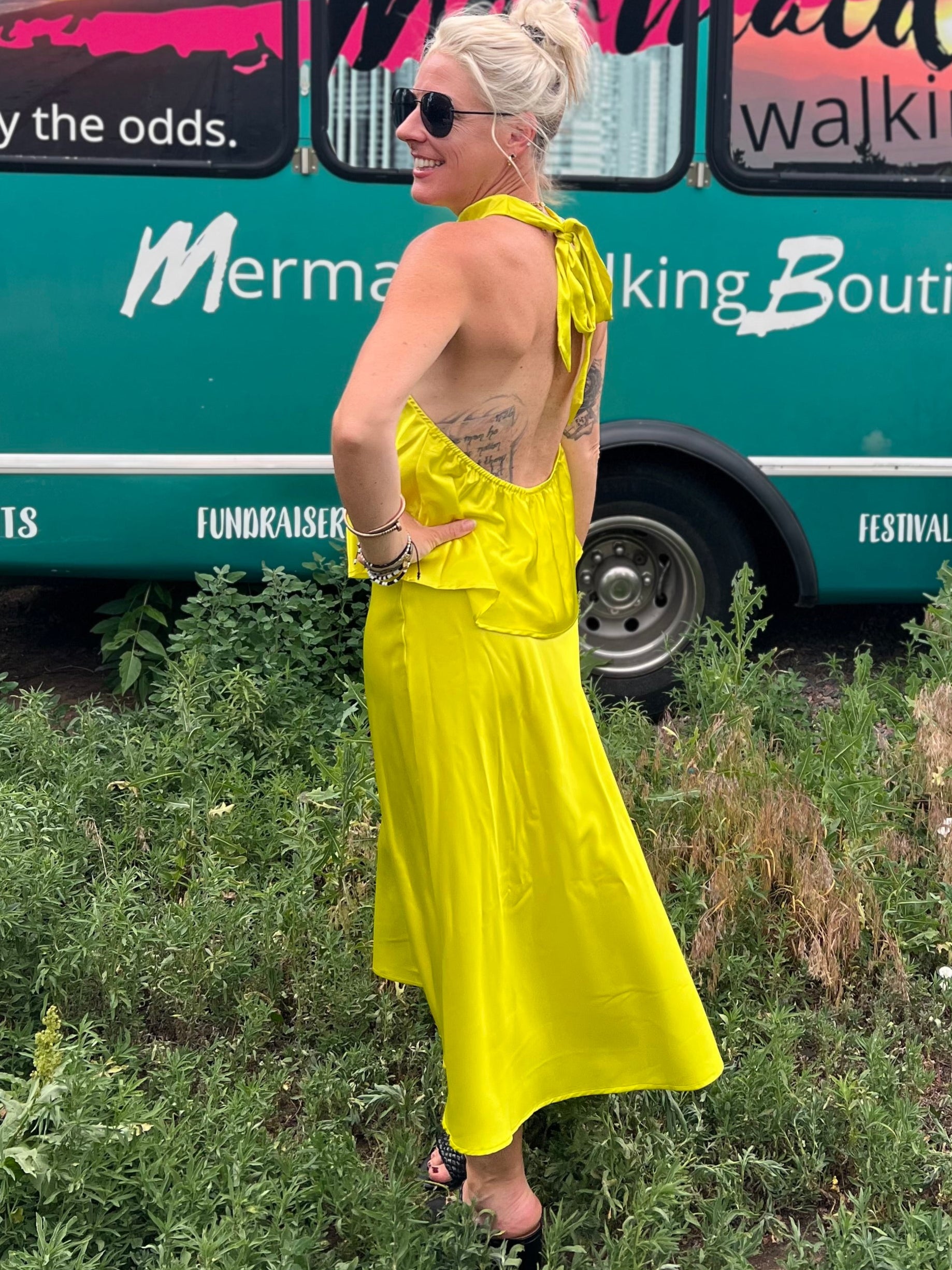 Chartreuse Satin Midi Skirt