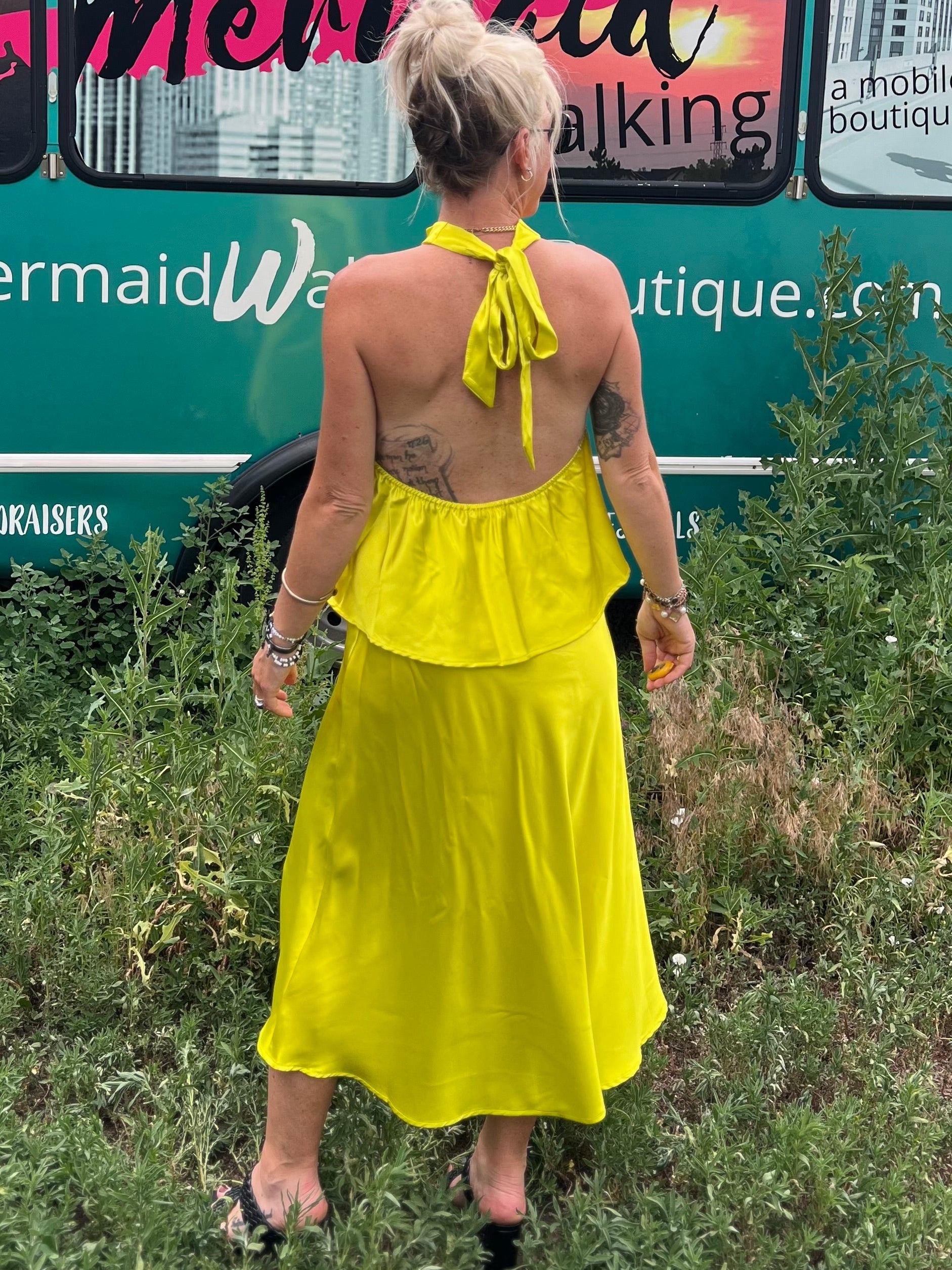 Chartreuse Satin Midi Skirt