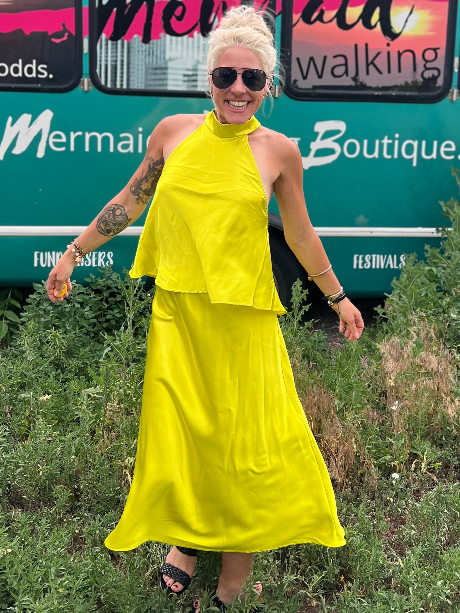 Chartreuse Satin Midi Skirt