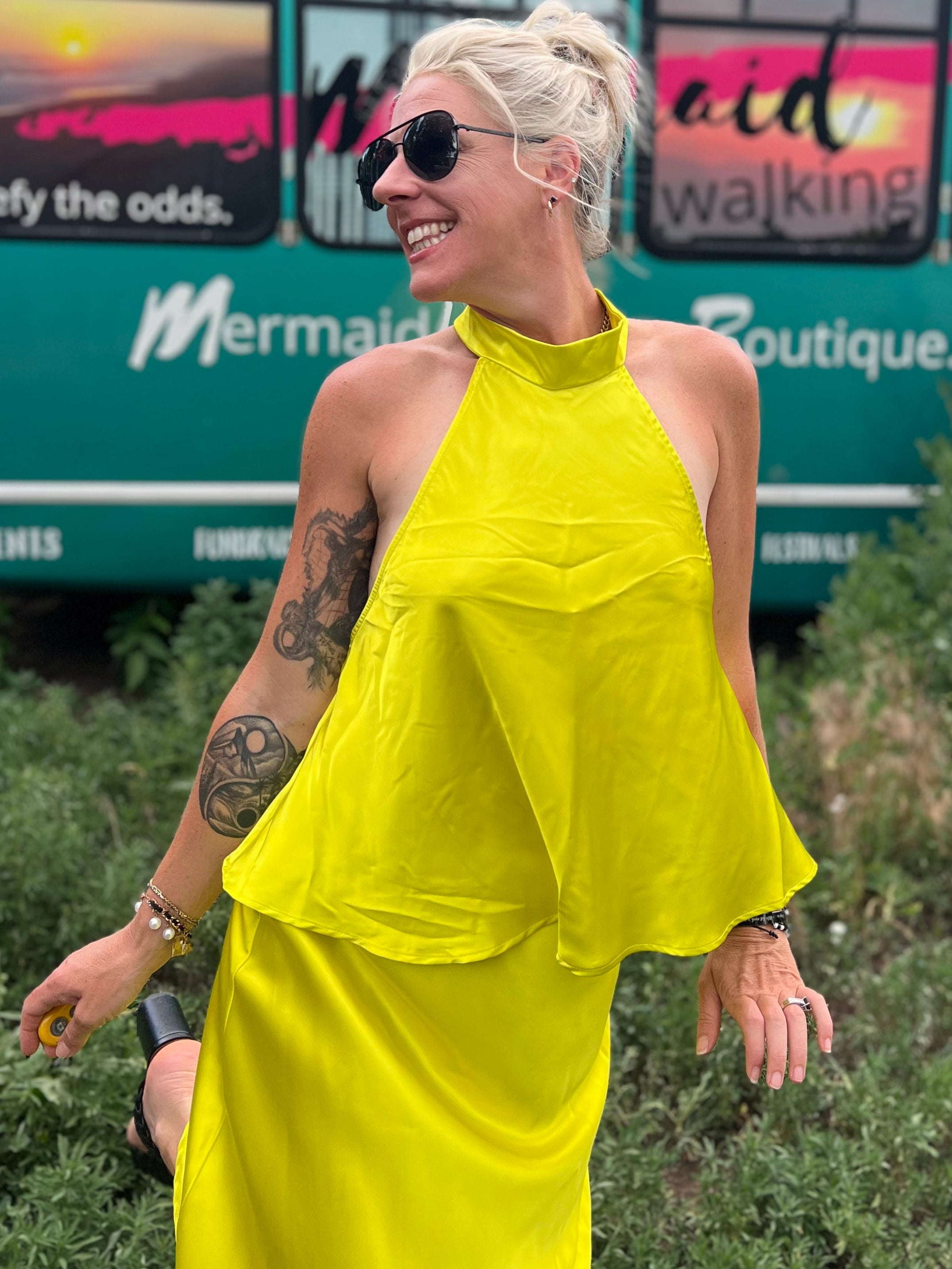 Chartreuse Satin Halter Top