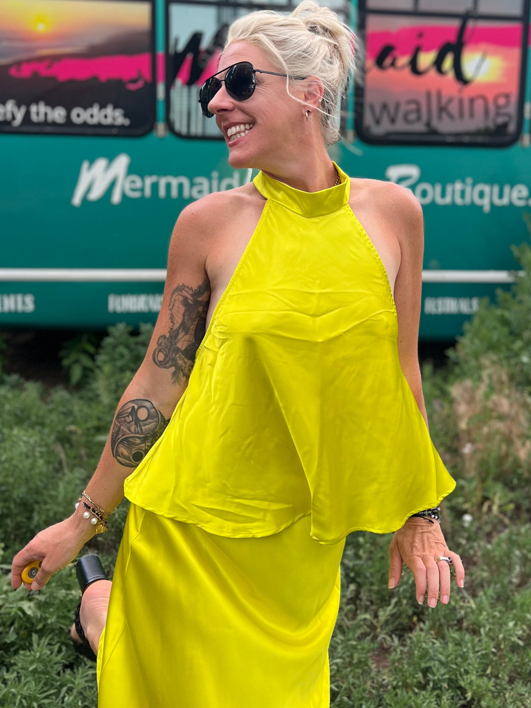 Chartreuse Satin Halter Top
