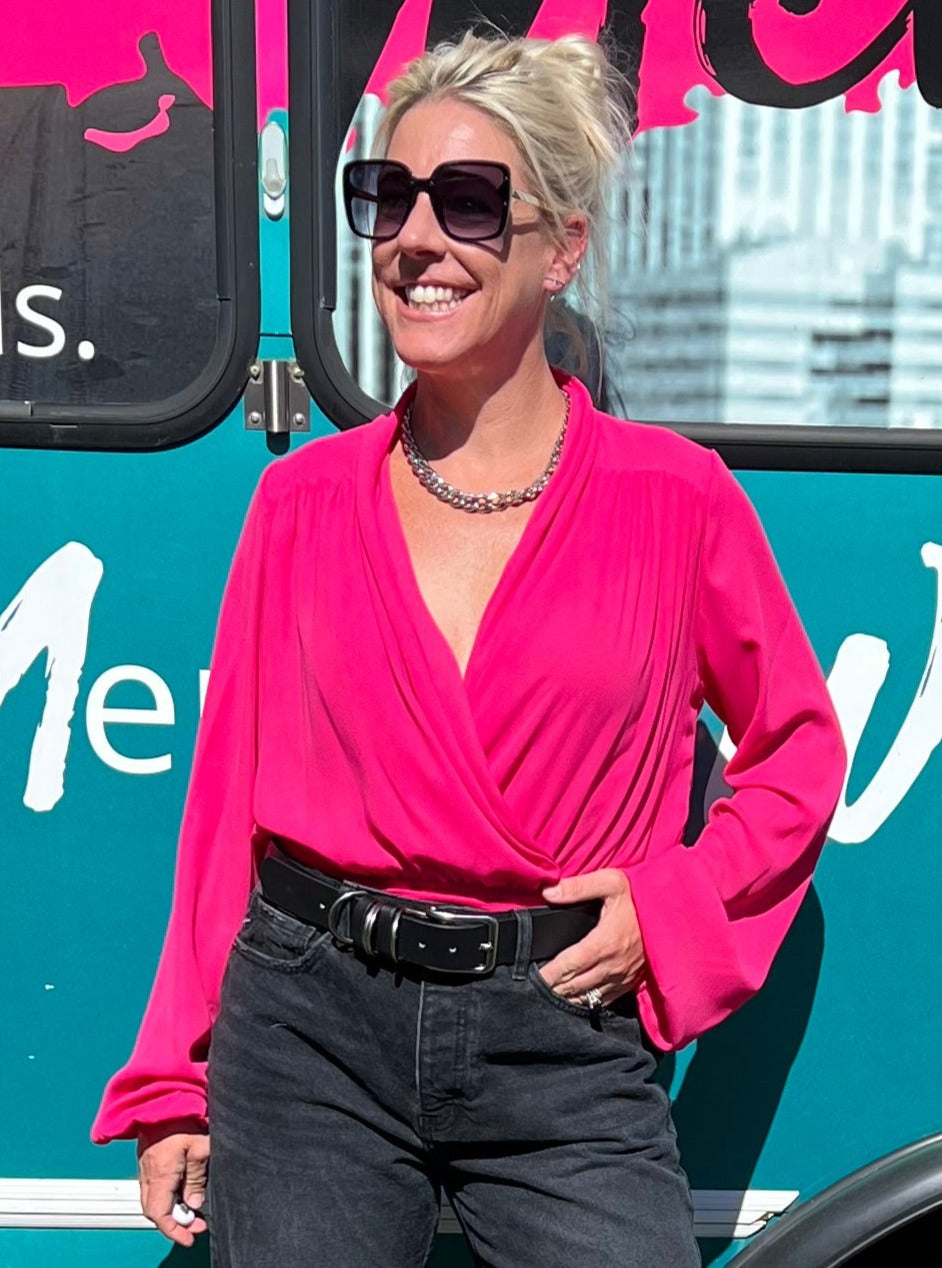 Fuchsia Pink Crossover Dress Shirt Bodysuit