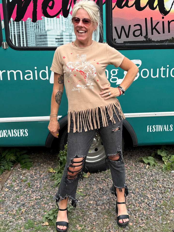 Stay Rowdy Fringe Top in Tan