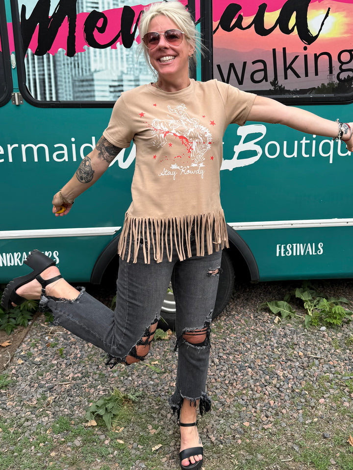 Stay Rowdy Fringe Top in Tan