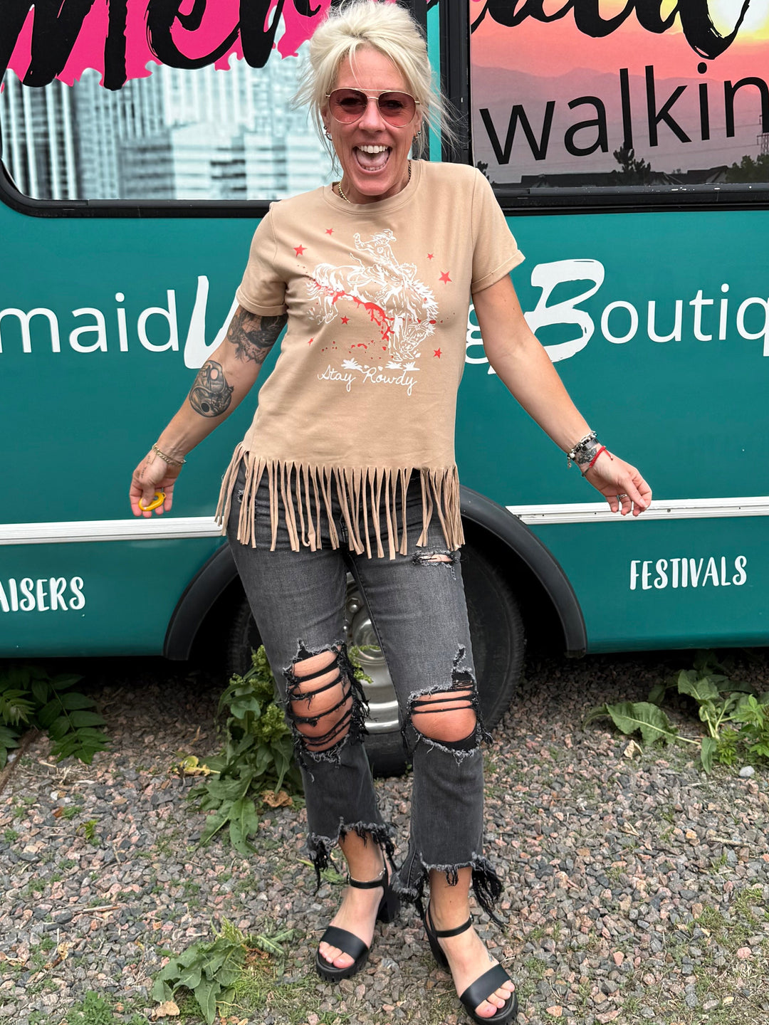 Stay Rowdy Fringe Top in Tan