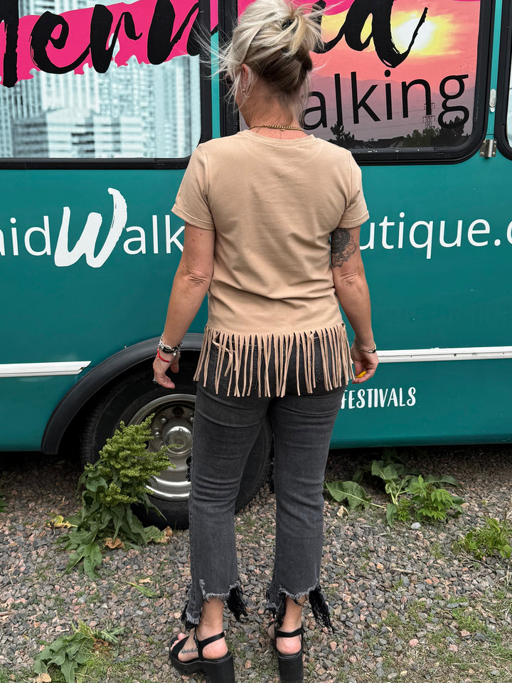 Stay Rowdy Fringe Top in Tan