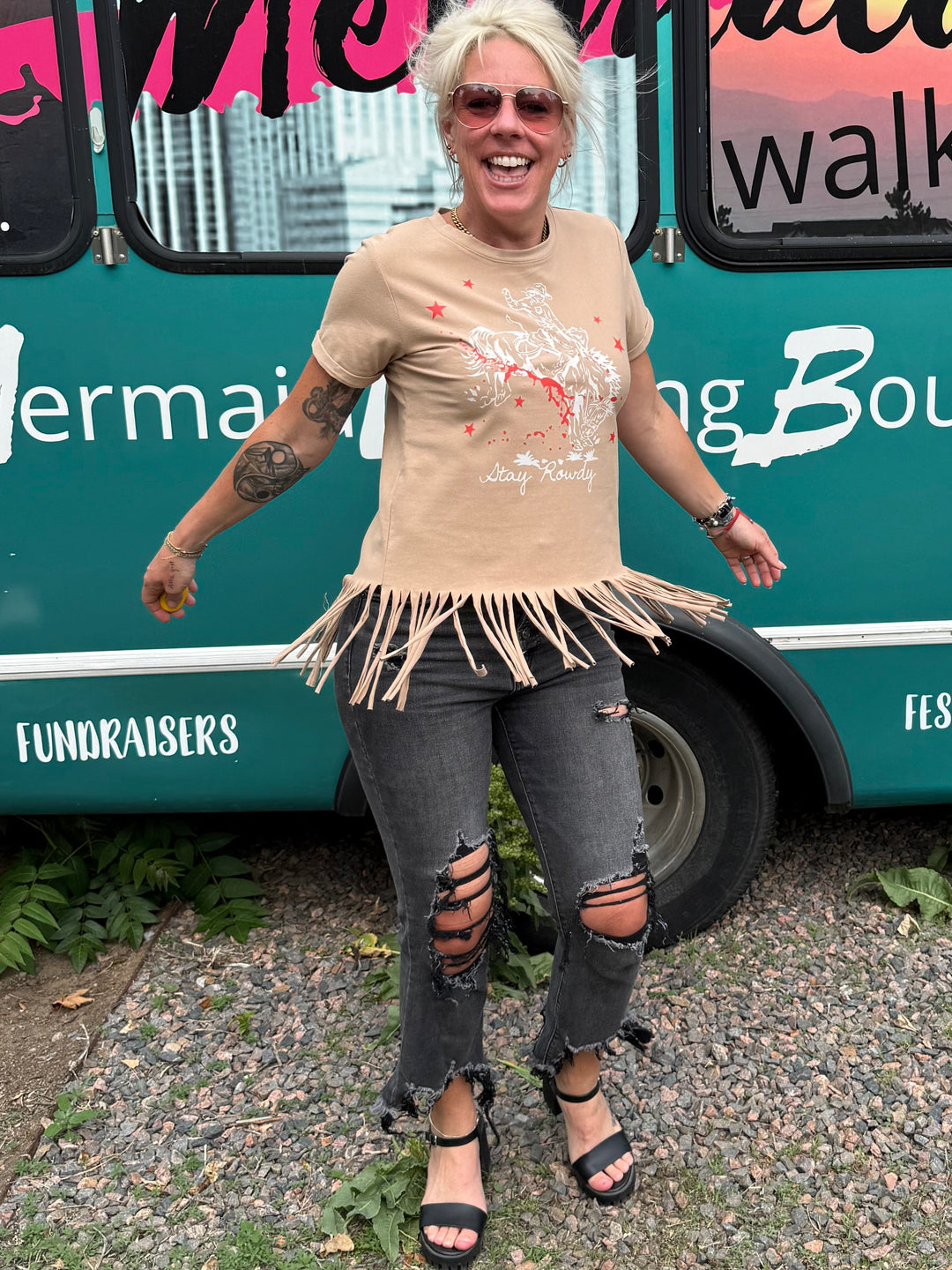 Stay Rowdy Fringe Top in Tan