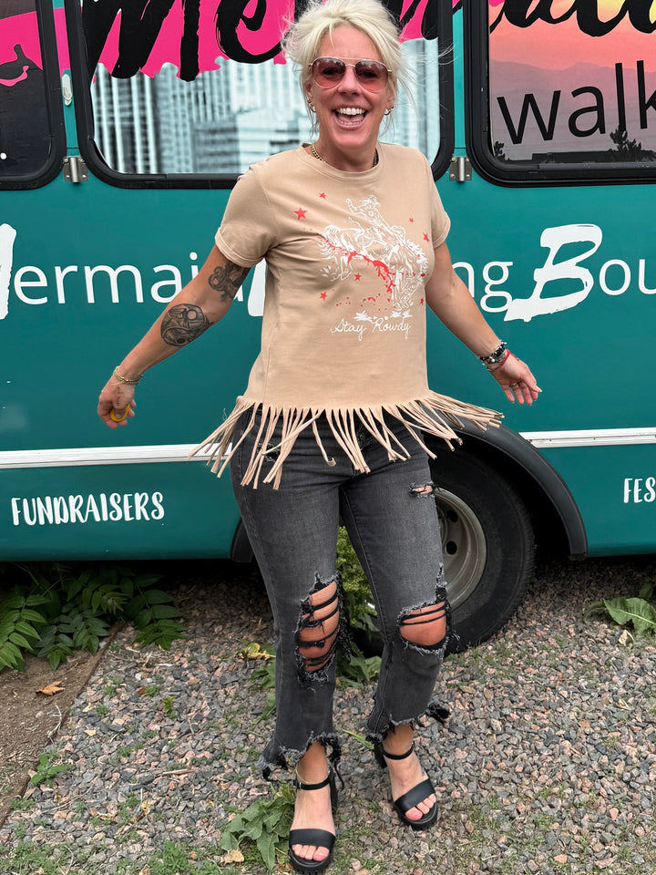 Stay Rowdy Fringe Top in Tan