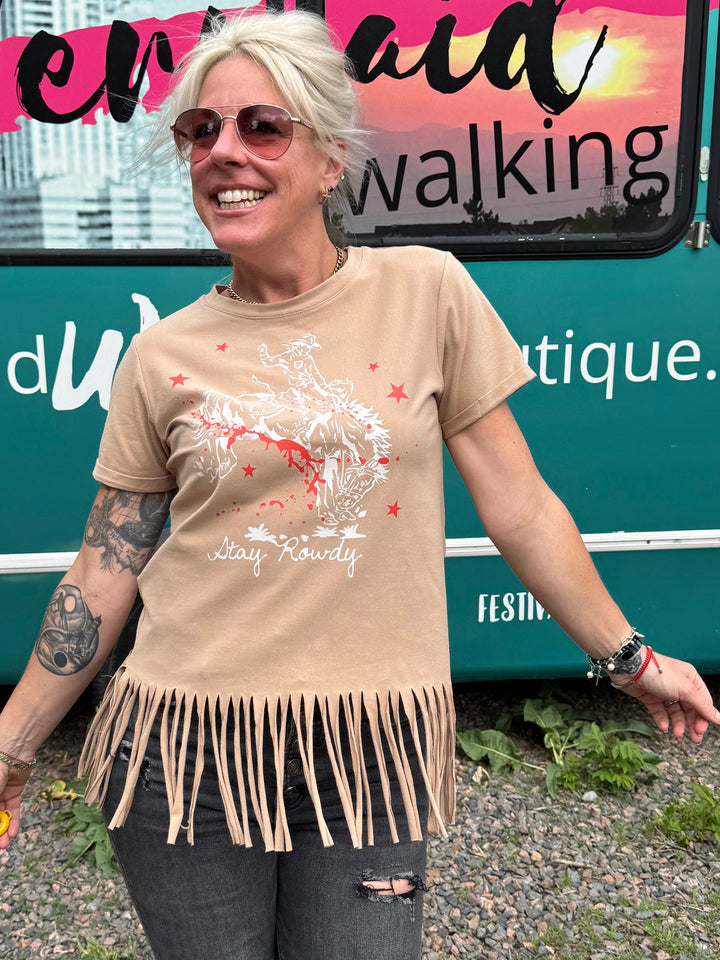 Stay Rowdy Fringe Top in Tan