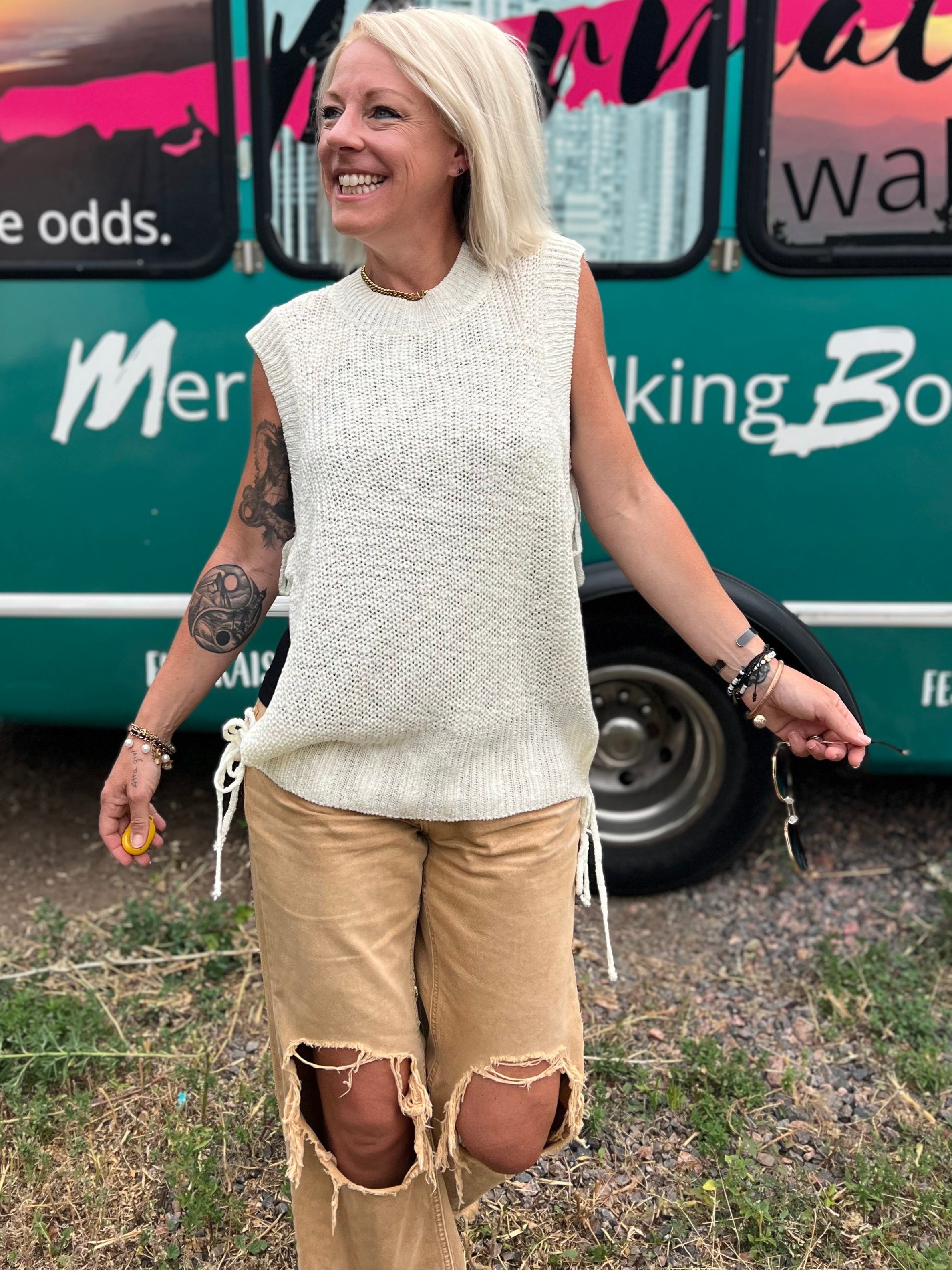 Tied Side Tank Sweater in Ivory
