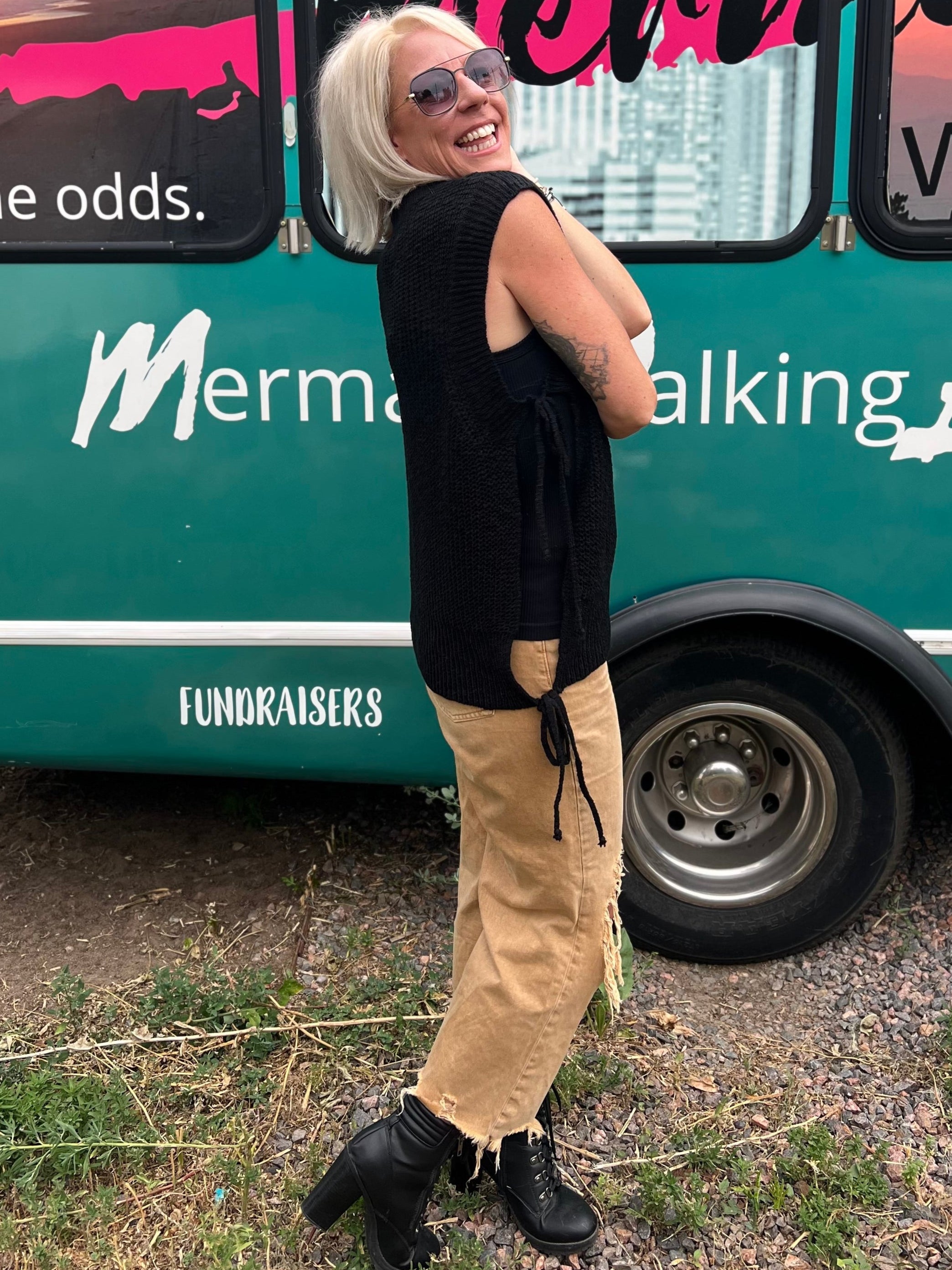 Tied Side Tank Sweater in Black