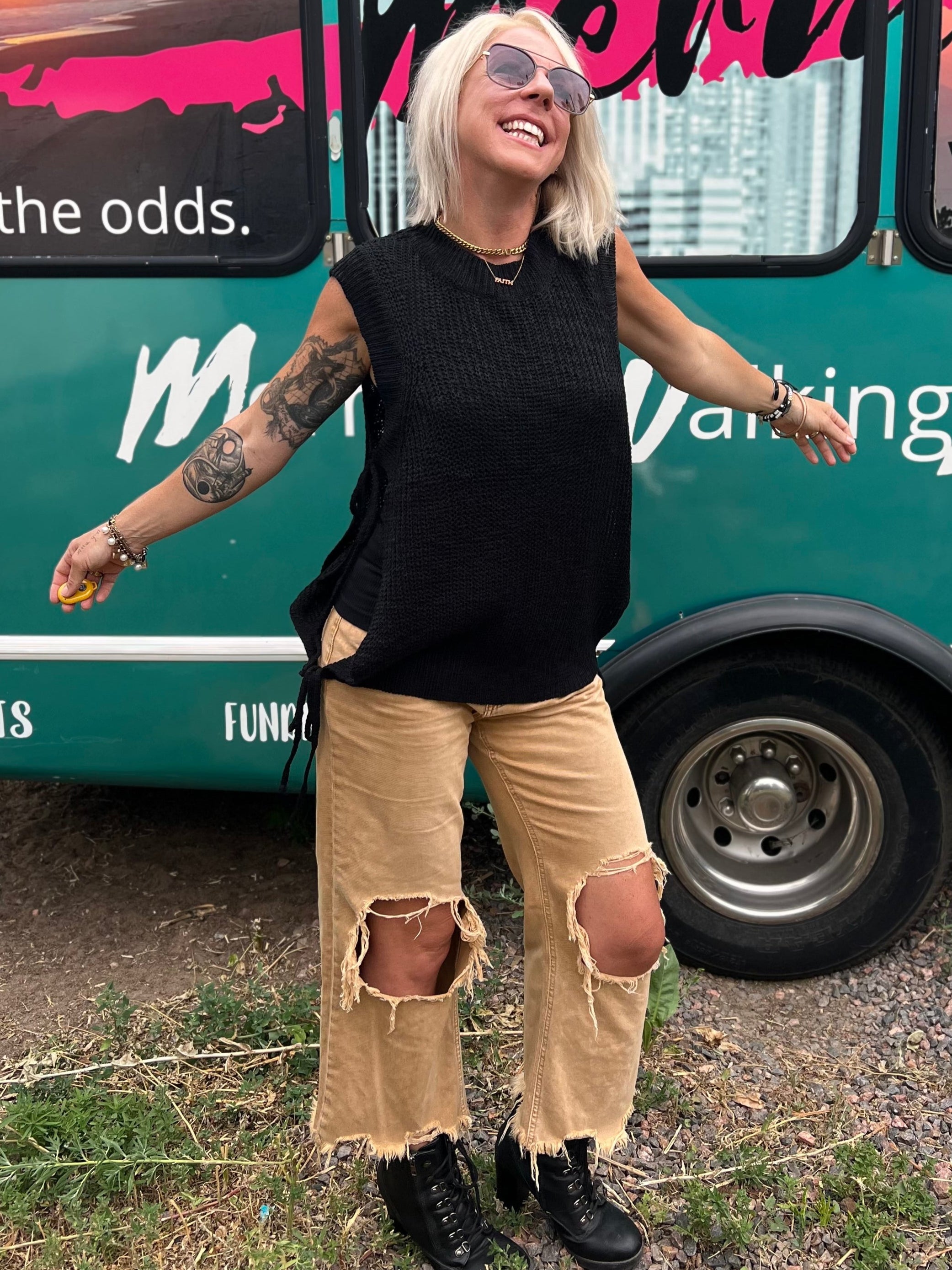 Tied Side Tank Sweater in Black