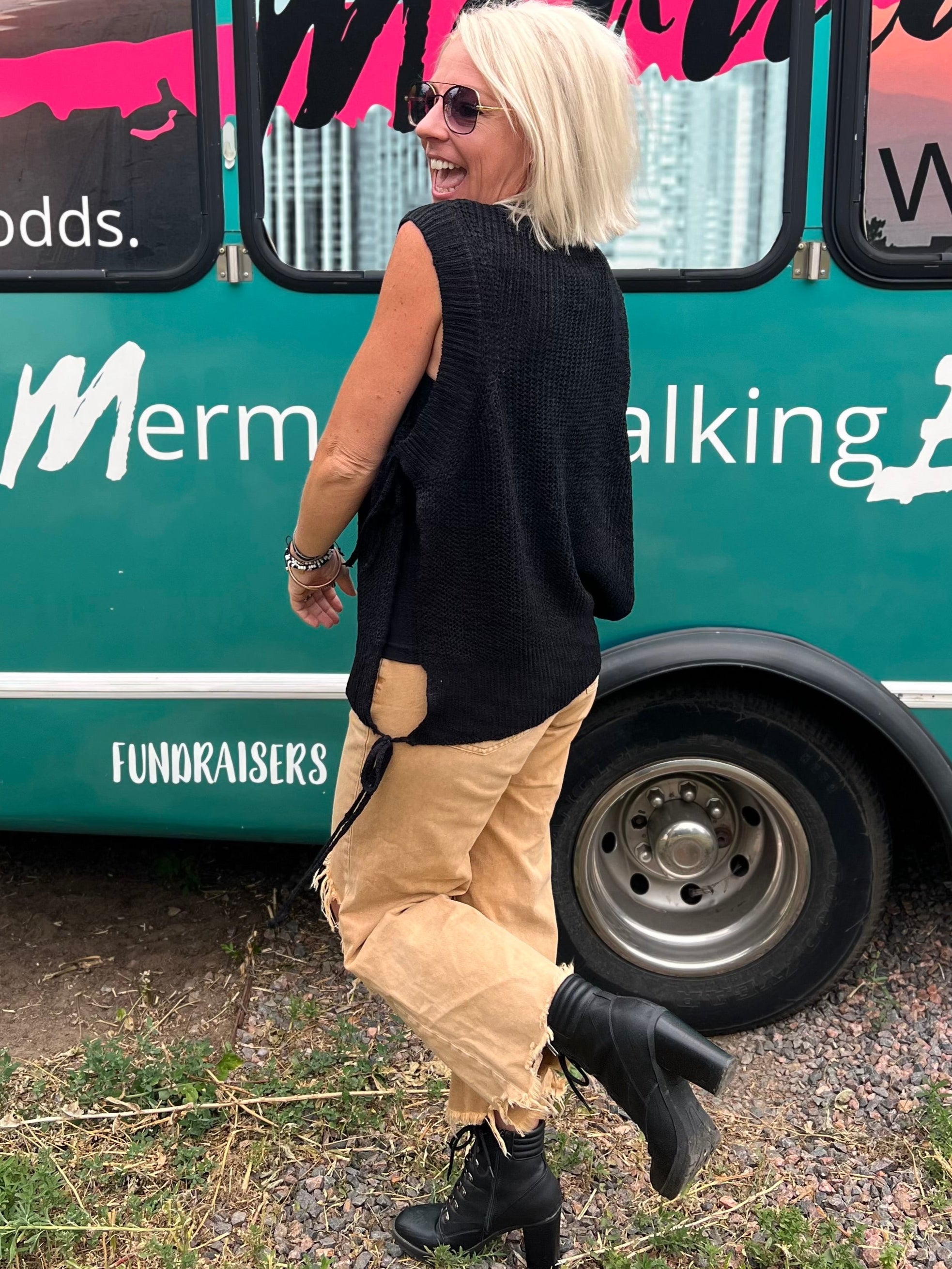 Tied Side Tank Sweater in Black