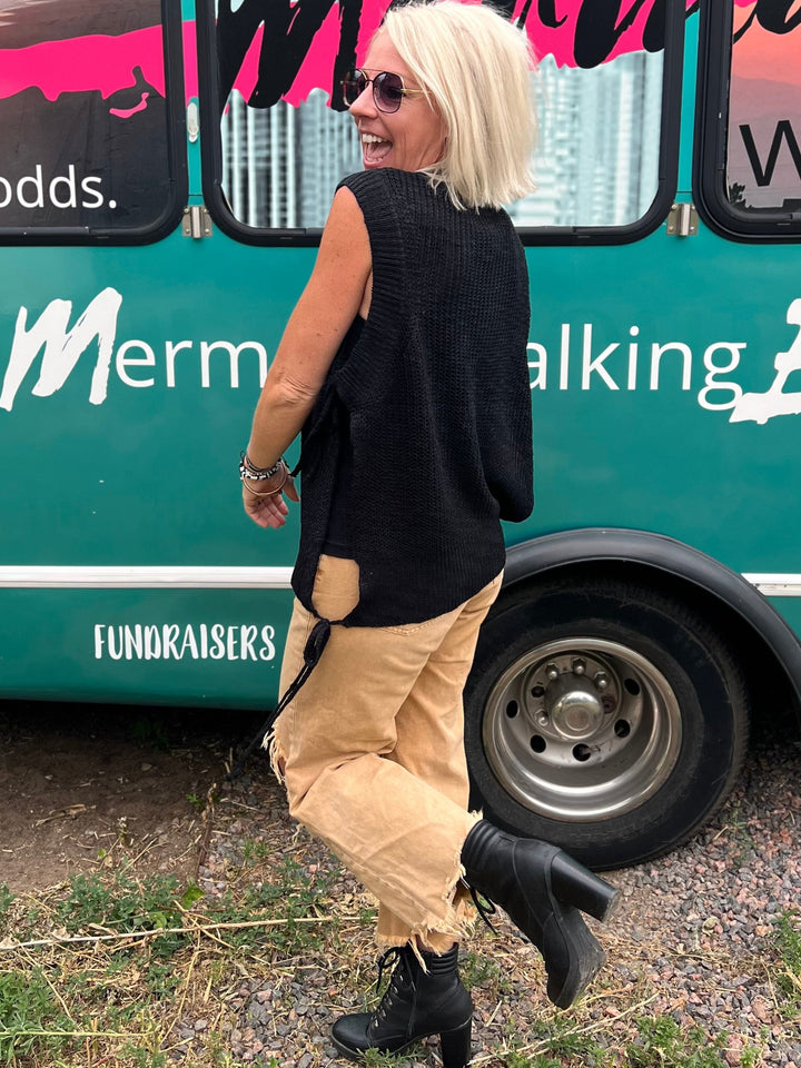 Tied Side Tank Sweater in Black