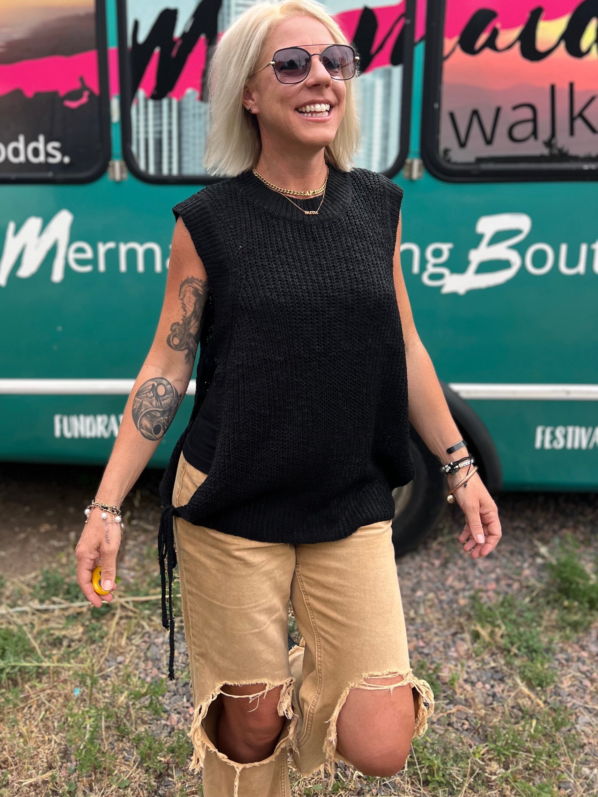 Tied Side Tank Sweater in Black
