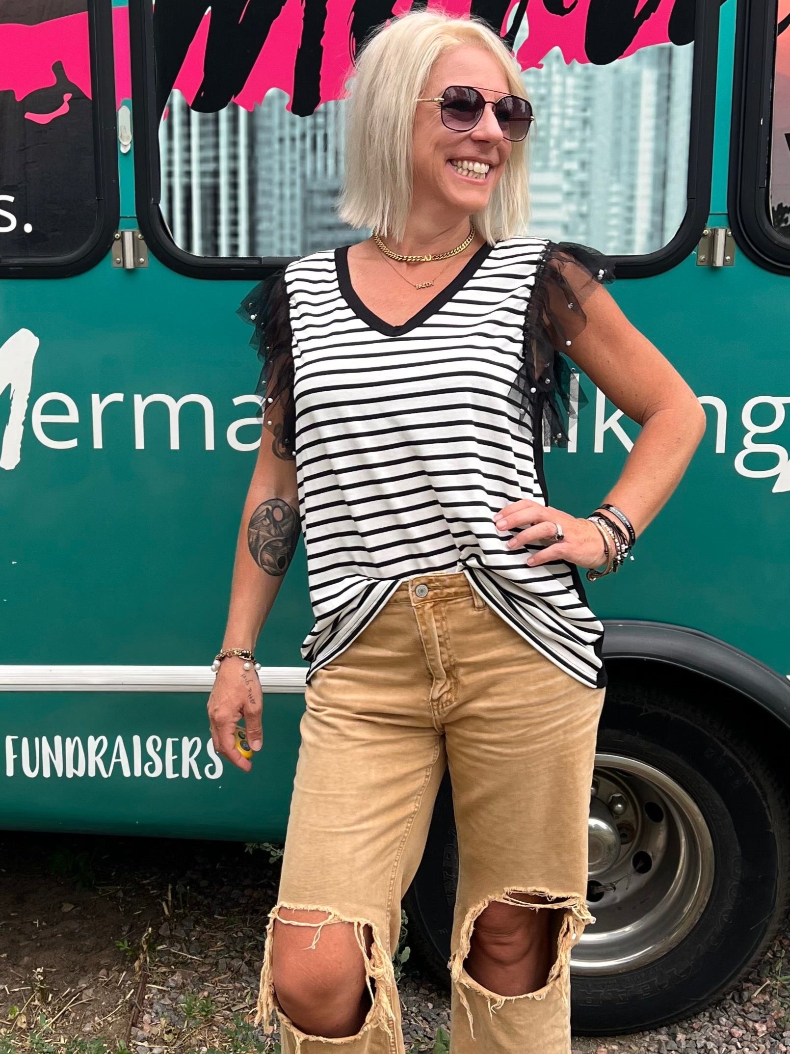Pearl Flutter Sleeve Stripe Tank