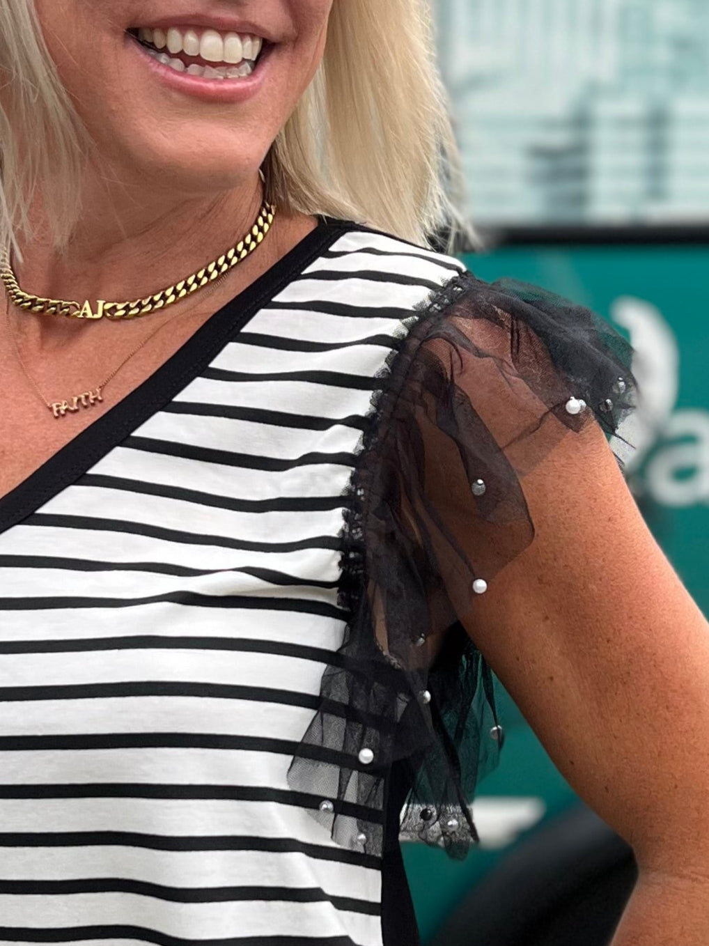 Pearl Flutter Sleeve Stripe Tank