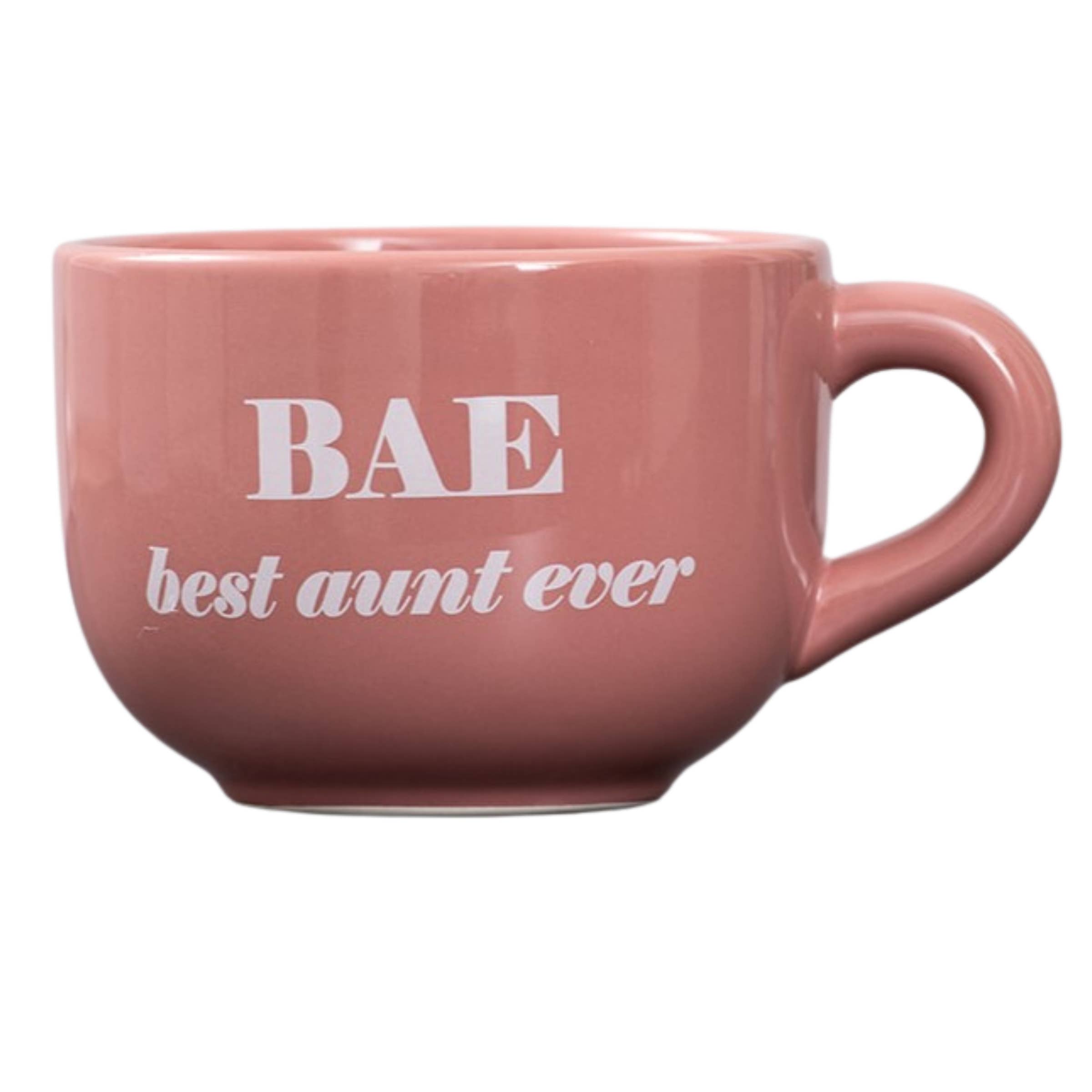 Pink mug with 'BAE best aunt ever' text on a white background